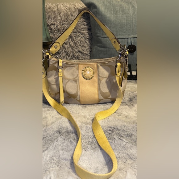 Coach Handbags - Coach Signature Yellow Stripe Canvas Leather Strap Handbag F19218